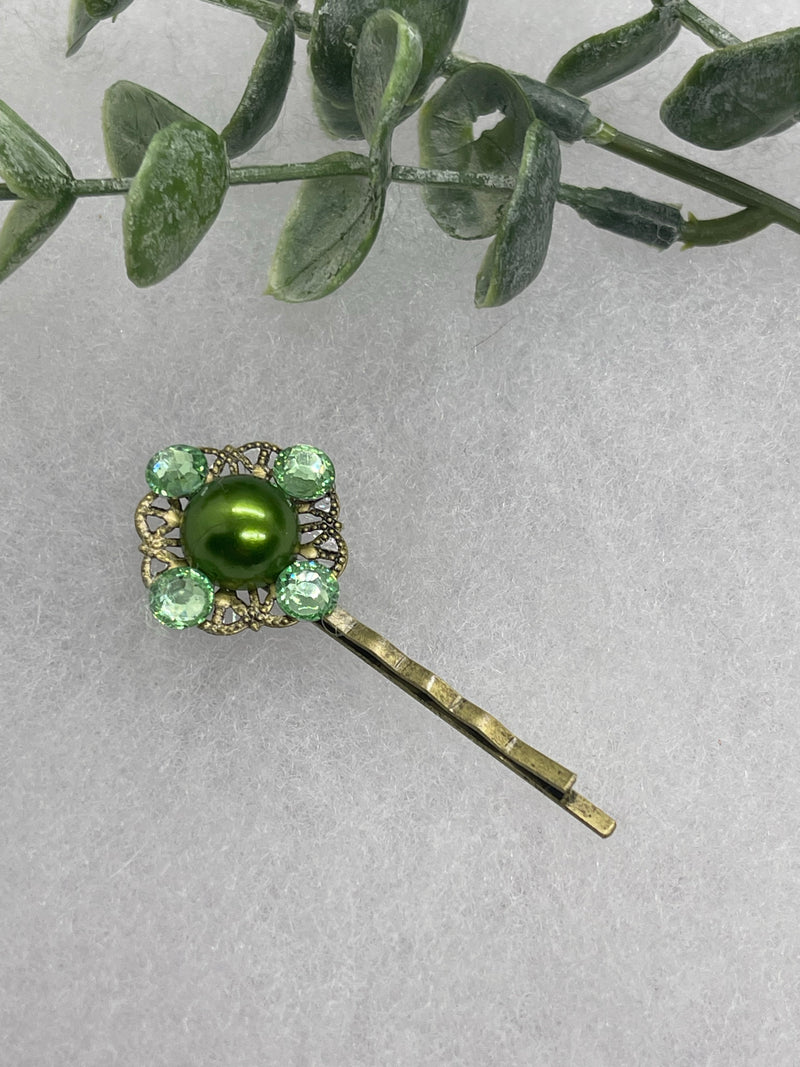 Green crystal faux pearl Antique vintage Style approximately 2.5” flower hair pin wedding engagement bride princess formal hair accessory