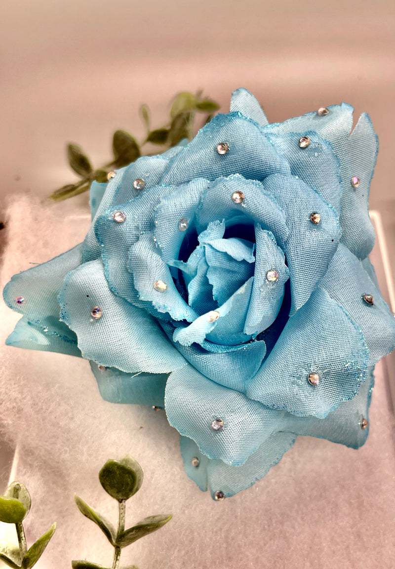 Baby Blue  Rose flower crystal rhinestone embellished Claw Jaw clip approximately Large 5.0”W 4.0”L formal hair accessory wedding bridal