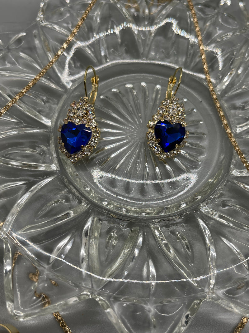 Blue sapphire crystal hearts rhinestone gold necklace earrings ring set