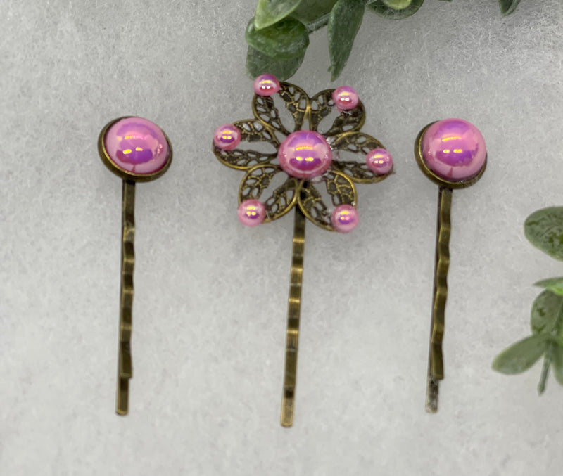 Pink faux pearl  3 pc set Antique vintage Style approximately 3.0” flower hair pin wedding engagement bride princess formal hair accessory