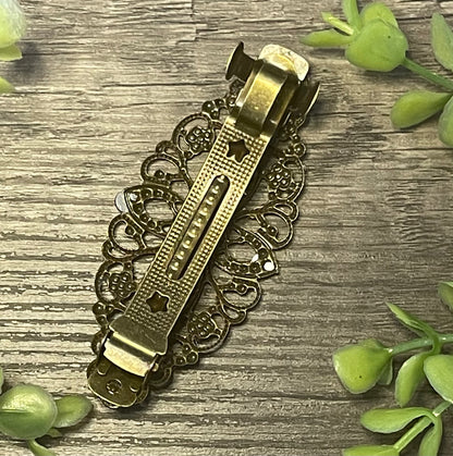 Emerald green crystal barrette Vintage Style 3.5”antique tone Metal bridal wedding shower birthday princess prom