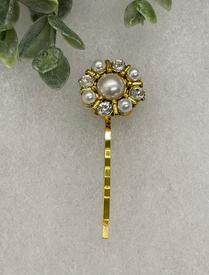 Pearl Gold Crystal vintage antique style hair pin approximately 2.5” long Handmade hair accessory bridal wedding