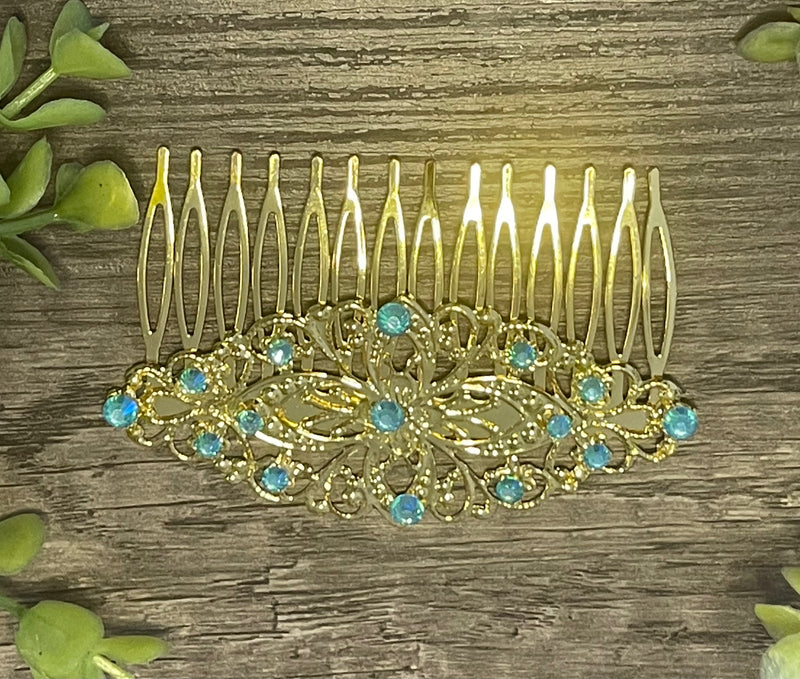 Aqua crystal rhinestone Comb on 3.5” antique Metal Hair Comb accessory Handmade Retro Bridal Prom birthday