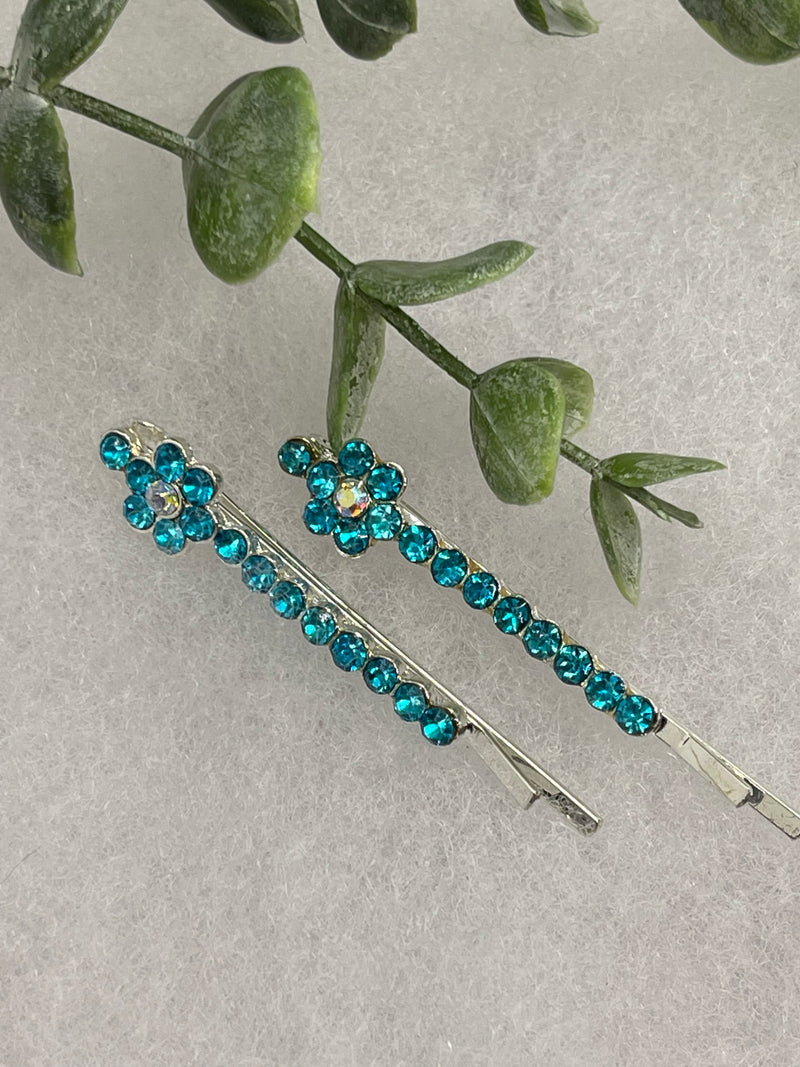 Teal crystal rhinestone approximately 2.0” silver tone hair pins 2 pc set wedding bridal shower engagement formal princess accessory accessories