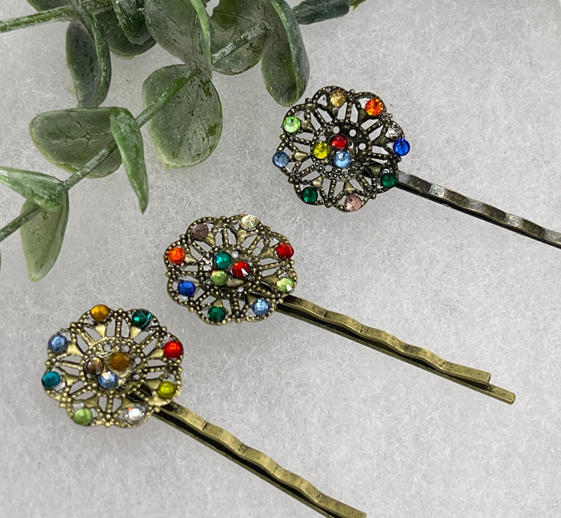 Rainbow crystal  3 pc set Antique vintage Style approximately 3.0” flower hair pin wedding engagement bride princess formal hair accessories