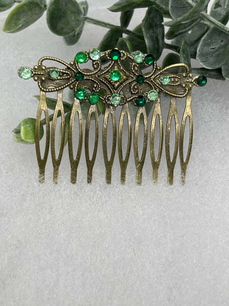 Green crystal rhinestone 2.5”side comb Antique vintage style bridal Wedding shower sweet 16 birthday princess bridesmaid hair accessory