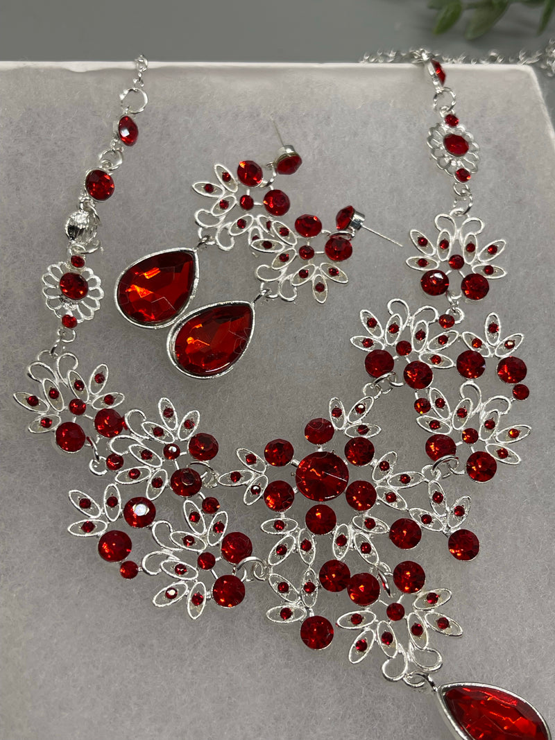 Ruby Red rhinestone crystal necklace earrings set Rhinestone Jewelry Sets earring necklace wedding engagement formal party Prom sweet 16 sets