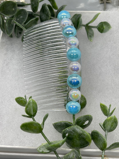 Iridescent light blue  white faux pearl side comb 3.0” clear  plastic hair accessory bridal wedding Retro Bridal Party Prom Birthday gifts