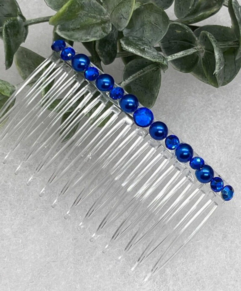 Royal blue faux Pearl crystal side comb approximately 3.5” long plastic hair accessory bridal wedding Retro