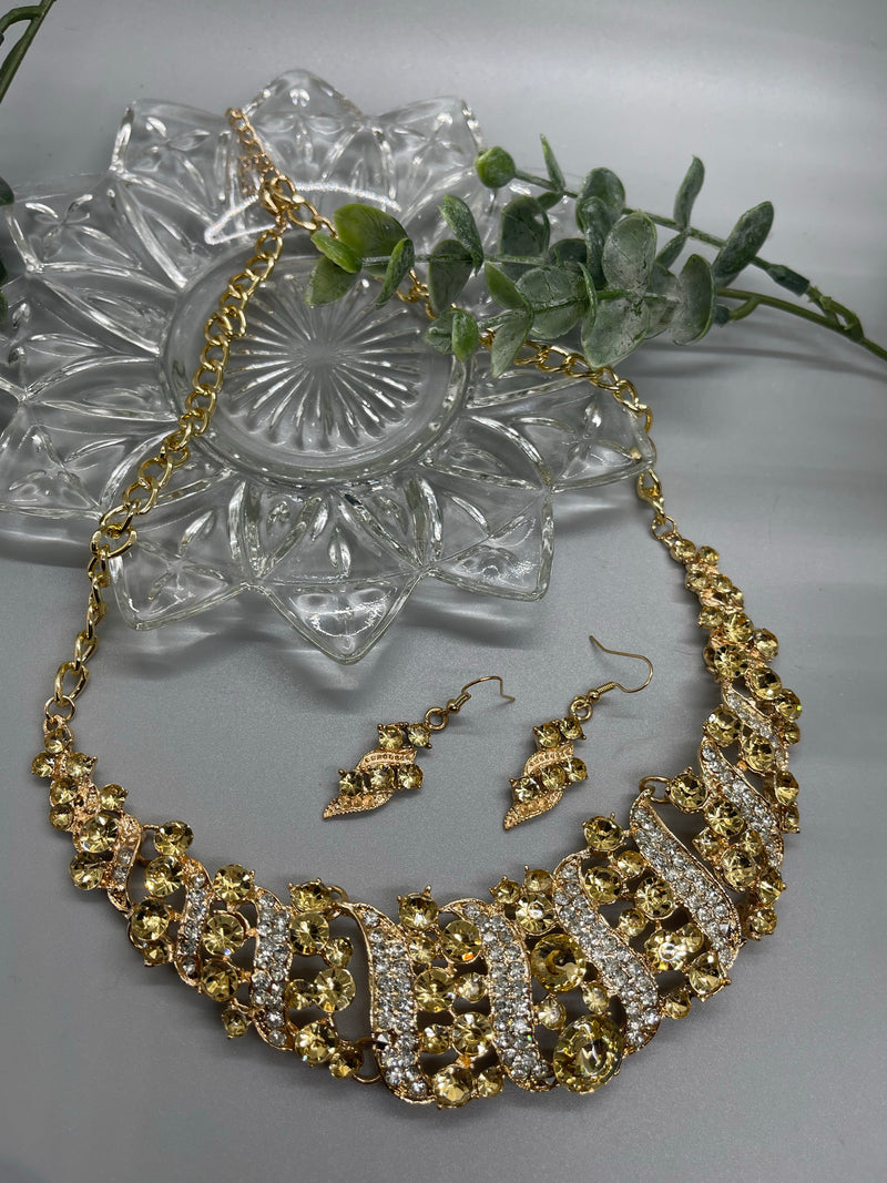 Gold Crystal rhinestone necklace earrings set wedding engagement formal accessory