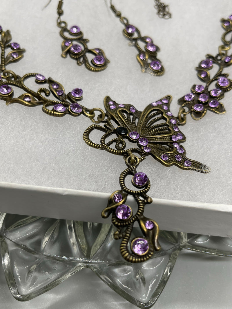 Lavender purple rhinestone crystal necklace earrings set Rhinestone Jewelry Sets earring necklace wedding engagement formal party Prom