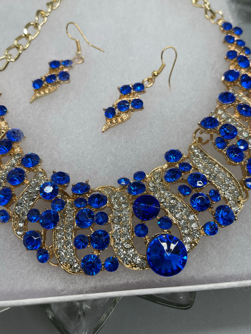 Royal blue Gold Crystal rhinestone necklace earrings set wedding engagement formal accessory