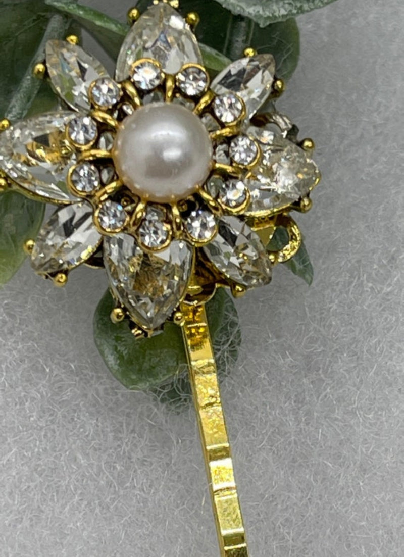 Gold crystal Pearl vintage antique style hair pin approximately 2.5” long Handmade hair accessory bridal wedding Retro