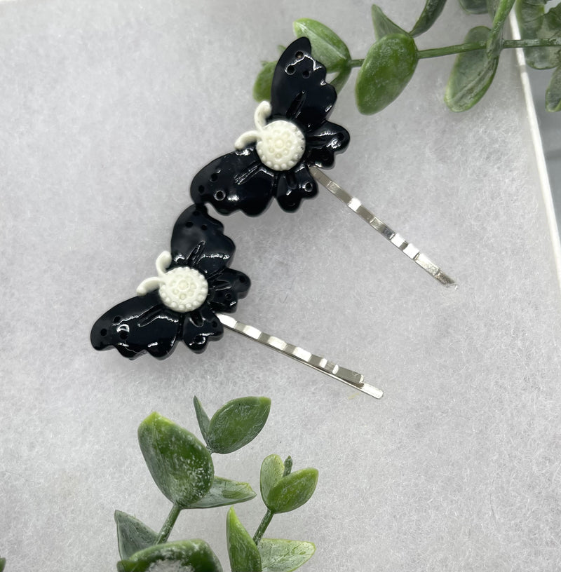 2 pc black white Butterfly hair pins approximately 2.0”silver tone formal hair accessory gift wedding bridal Hair accessory