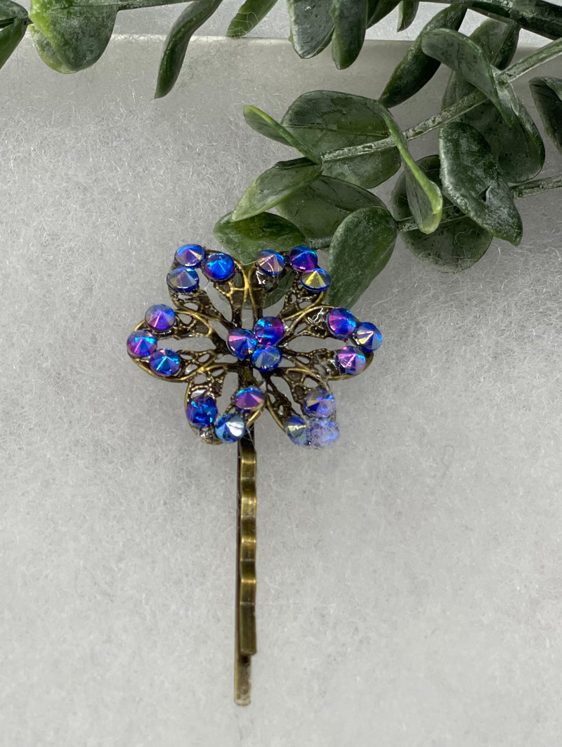 Blue Rainbow crystal Antique vintage Style approximately 3.0” flower hair pin wedding engagement bride princess formal hair accessories