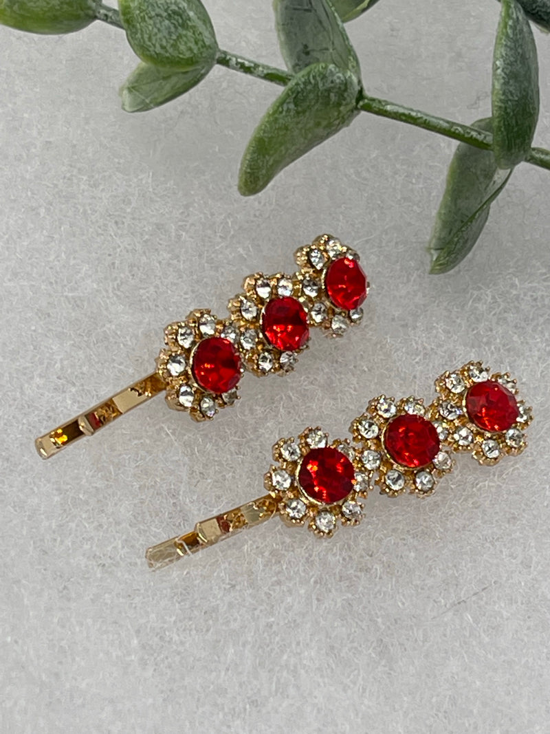 Ruby red crystal rhinestone approximately 2.0” gold tone hair pins 2 pc set wedding bridal shower engagement formal princess accessory accessories