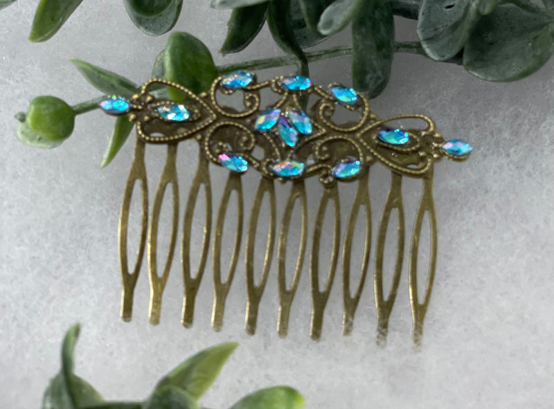 Blue iridescent gel crystal vintage style antique hair accessories gift birthday event formal bridesmaid  2.5” Metal side Comb