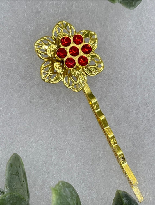Red Gold Crystal vintage antique style hair pin approximately 2.5” long Handmade hair accessory bridal wedding
