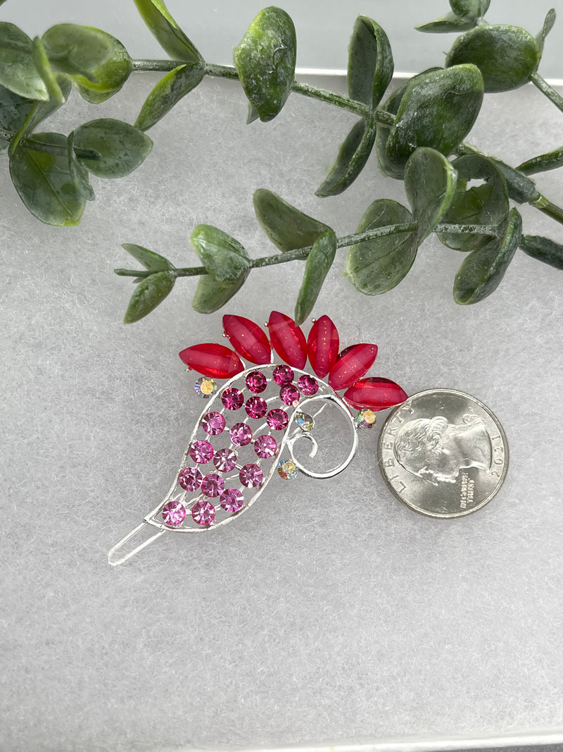 Red with pink Crystal Rhinestone peacock hair clip approximately 3.0”Metal silver tone formal hair accessory gift wedding bridal engagement