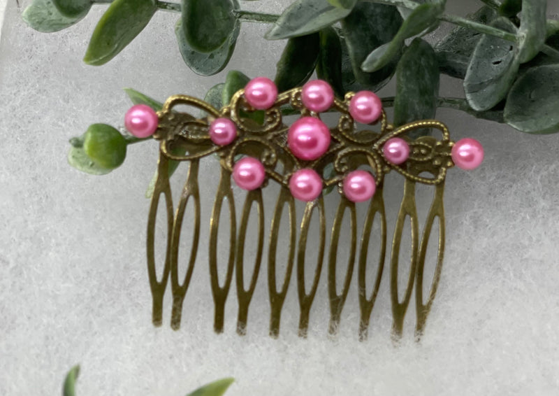 Pink pearl vintage style antique  hair accessories gift birthday event formal bridesmaid  2.5” Metal side Comb