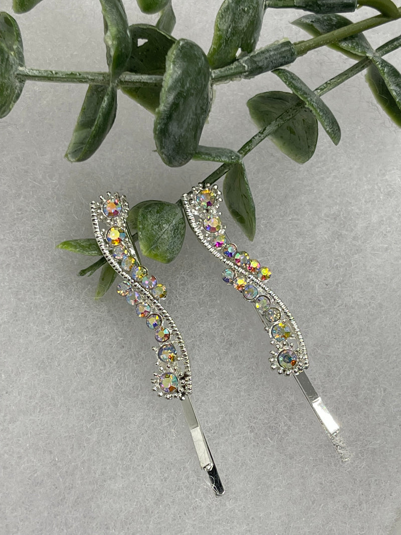 Iridescent crystal rhinestone approximately 2.0” silver tone hair pins 2 pc set wedding bridal shower engagement formal princess accessory accessories