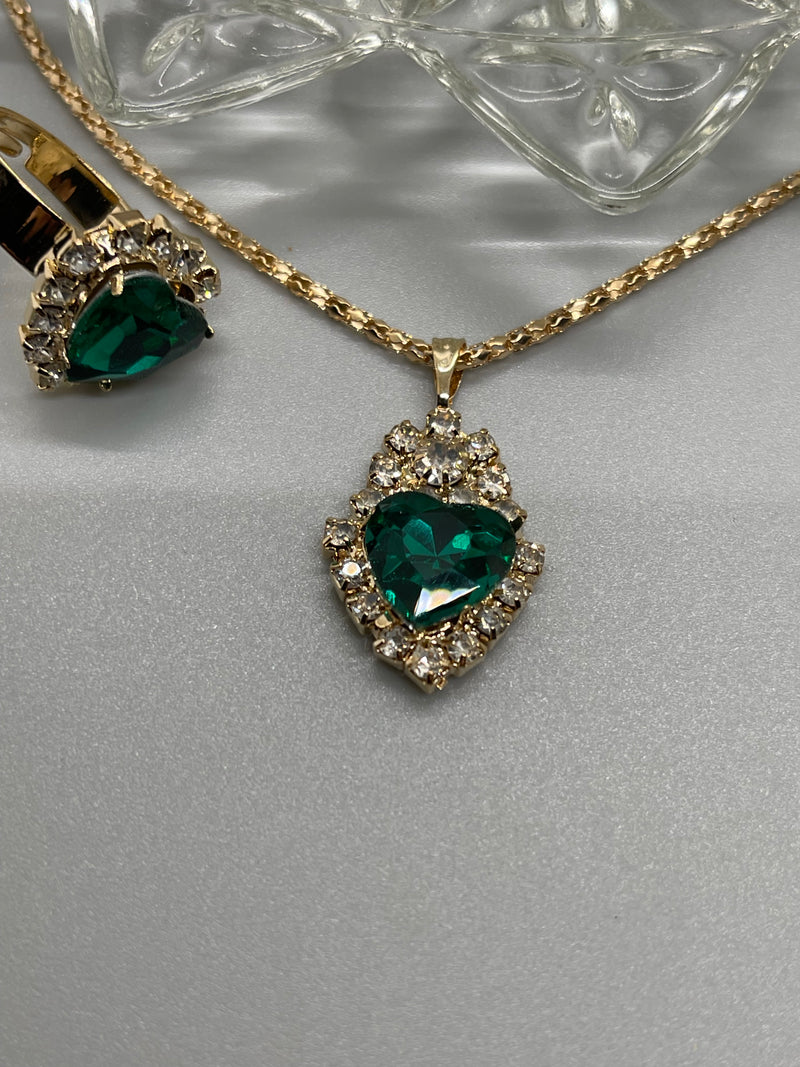 Emerald Crystal Jewelry Sets finger ring earring necklace Crystal Heart 3 pieces formal princess accessory accessories