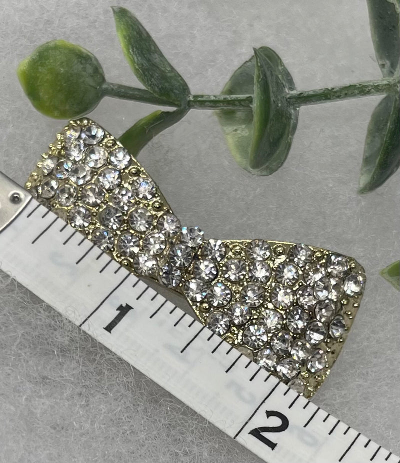 Clear Crystal Rhinestone bow tie Barrette approximately 2.5” Metal gold tone formal hair accessory gift wedding bridal shower accessories