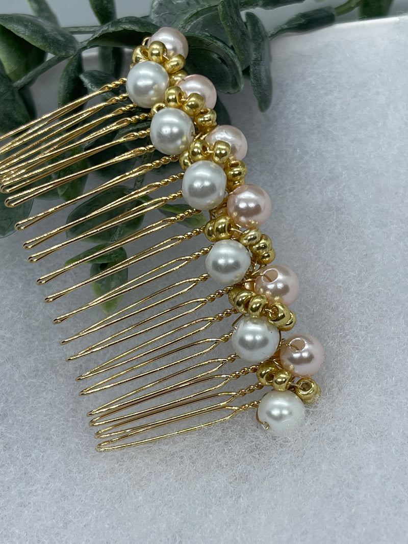 Baby Pink gold beaded side Comb 3.5” gold Metal hair Accessories bridesmaid birthday princess wedding gift handmade accessories