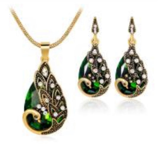 Green peacock crystal rhinestone necklace earrings set 17.7” wedding formal accessory gift bridal shower engagement accessory