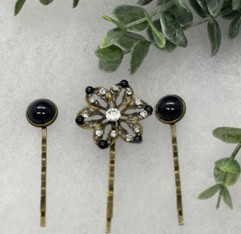 Crystal Black faux pearl 3 pc set Antique vintage Style approximately 3.0” flower hair pin wedding engagement bride princess formal hair accessories