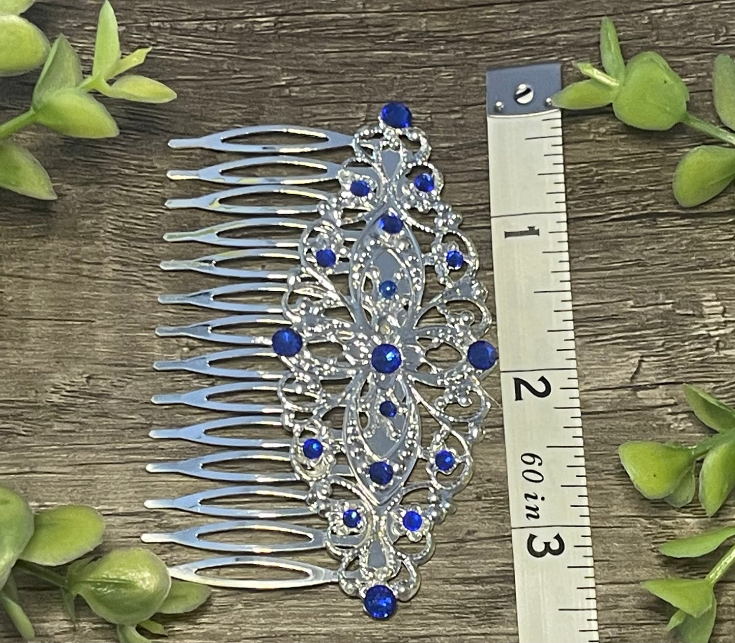 Sapphire blue crystal rhinestone Comb on 3.5” silver Metal Hair Comb accessory Handmade Retro Bridal Prom