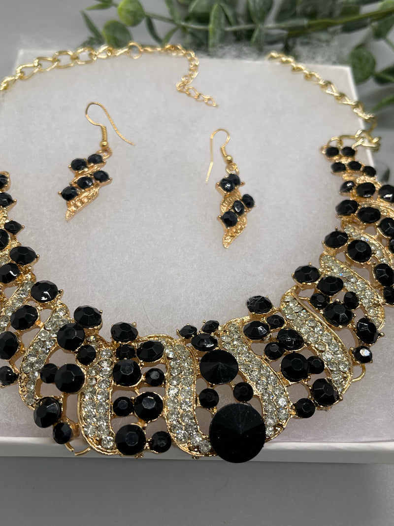 Black gold crystal rhinestone necklace earrings set wedding engagement formal accessory