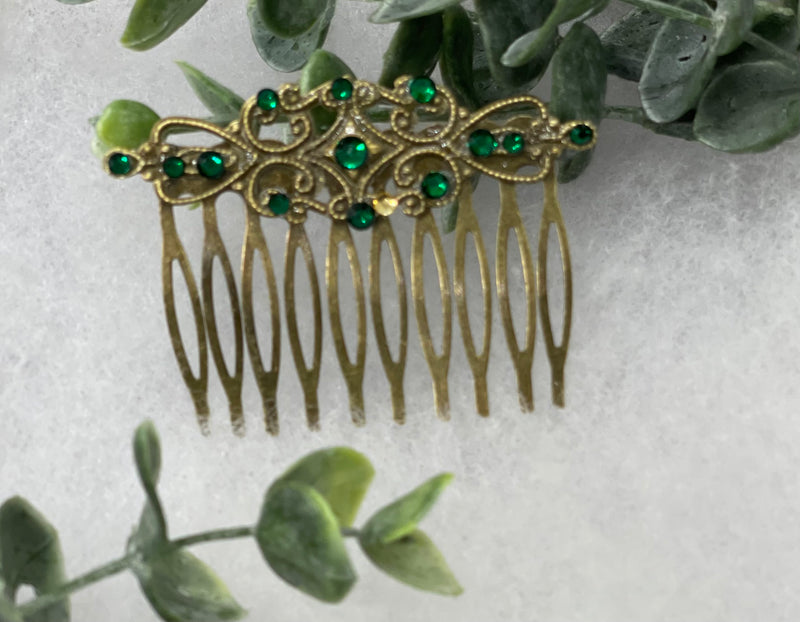 Emerald green crystal rhinestone vintage style antique  hair accessories gift birthday event formal bridesmaid  2.5” Metal side Comb