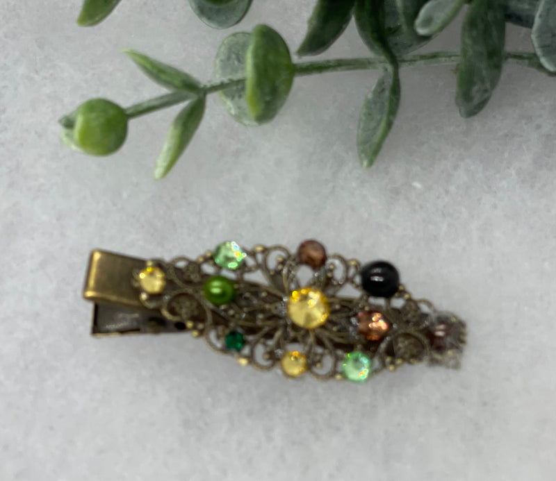 Camouflage  Pearl Crystal vintage antique style leaf hair alligator clip approximately 2.5” long Handmade hair accessory bridal wedding