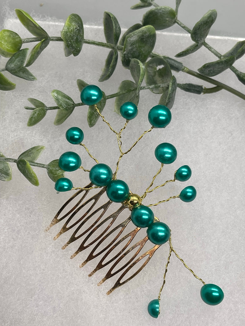 Teal faux Pearl 2.0” gold tone bridal side Comb accents vine handmade by hairdazzzel wedding accessory bride princess