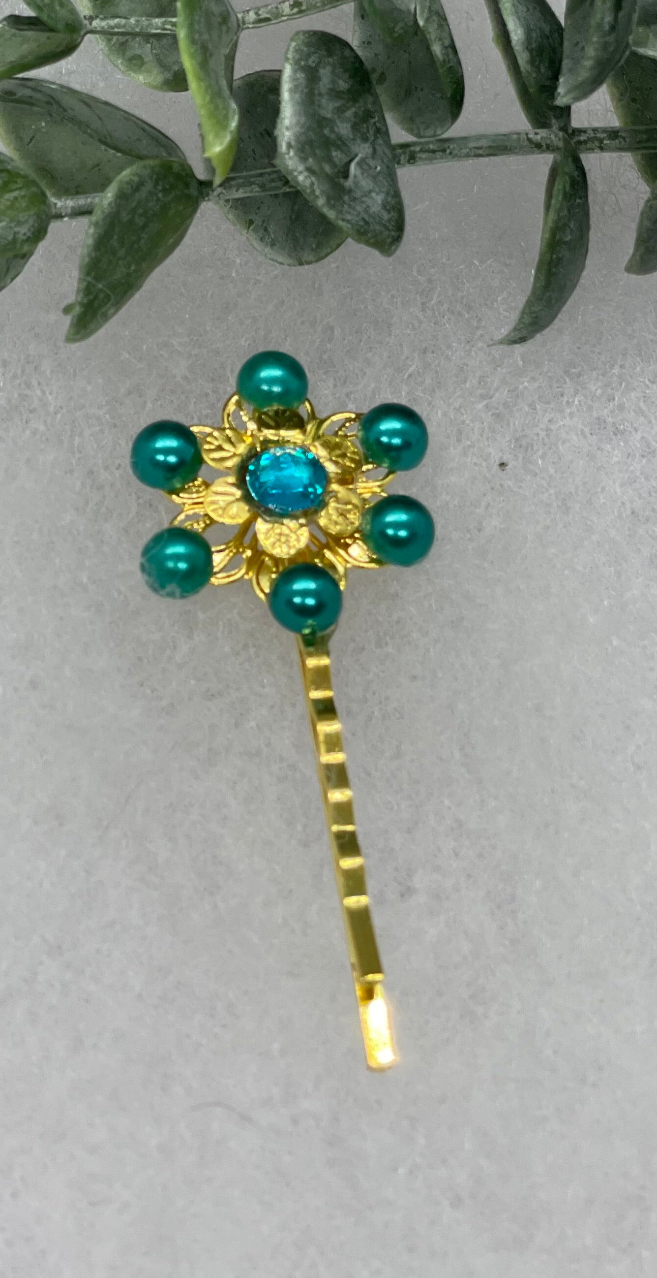 Teal Pearl crystal Gold Antique vintage Style approximately 3.0” flower hair pin wedding engagement bride princess formal hair accessory accessories