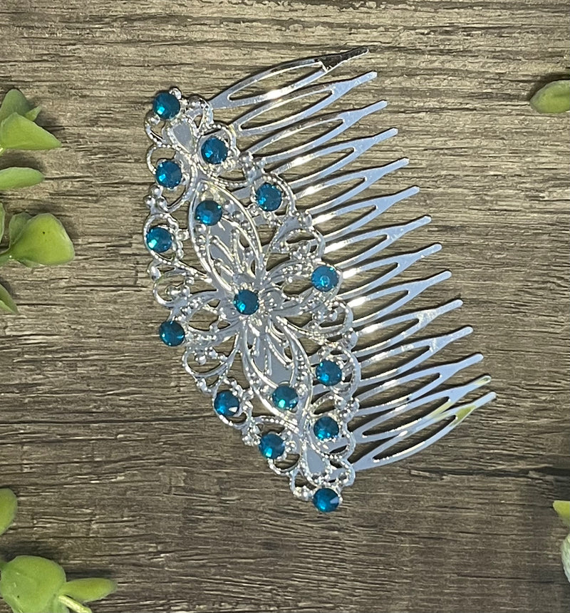 Sapphire teal crystal rhinestone Comb on 3.5” silver Metal Hair Comb accessory Handmade Retro Bridal Prom