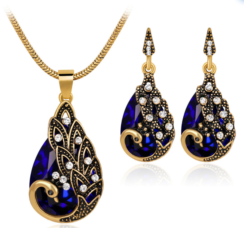 Royal blue Crystal peacock necklace earrings set