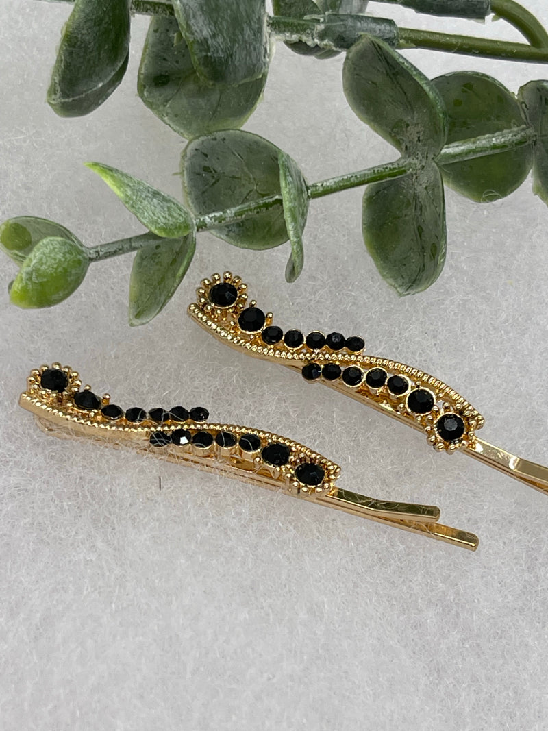 Black crystal rhinestone approximately 2.0” gold tone hair pins 2 pc set wedding bridal shower engagement formal princess accessory accessories