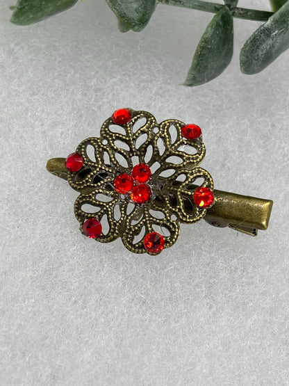 Red  crystal rhinestone  flower 2.0”alligator clip  Antique vintage style bridal Wedding shower sweet 16 birthday princess bridesmaid hair accessory