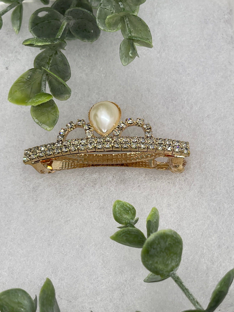 Teardrop Pearl Crown Crystal hair barrette approximately 3.0” gold  tone formal hair accessory wedding bridal engagement princess bridesmaid