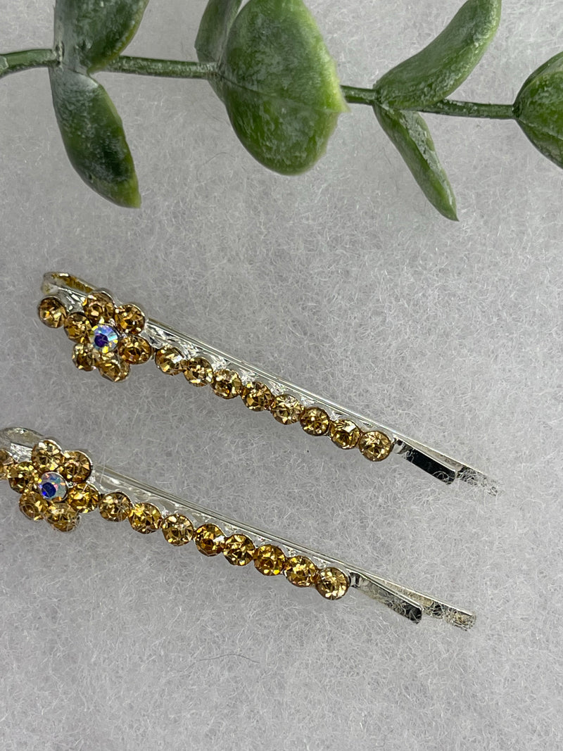 Gold crystal rhinestone approximately 2.0” silver tone hair pins 2 pc set wedding bridal shower engagement formal princess accessory accessories