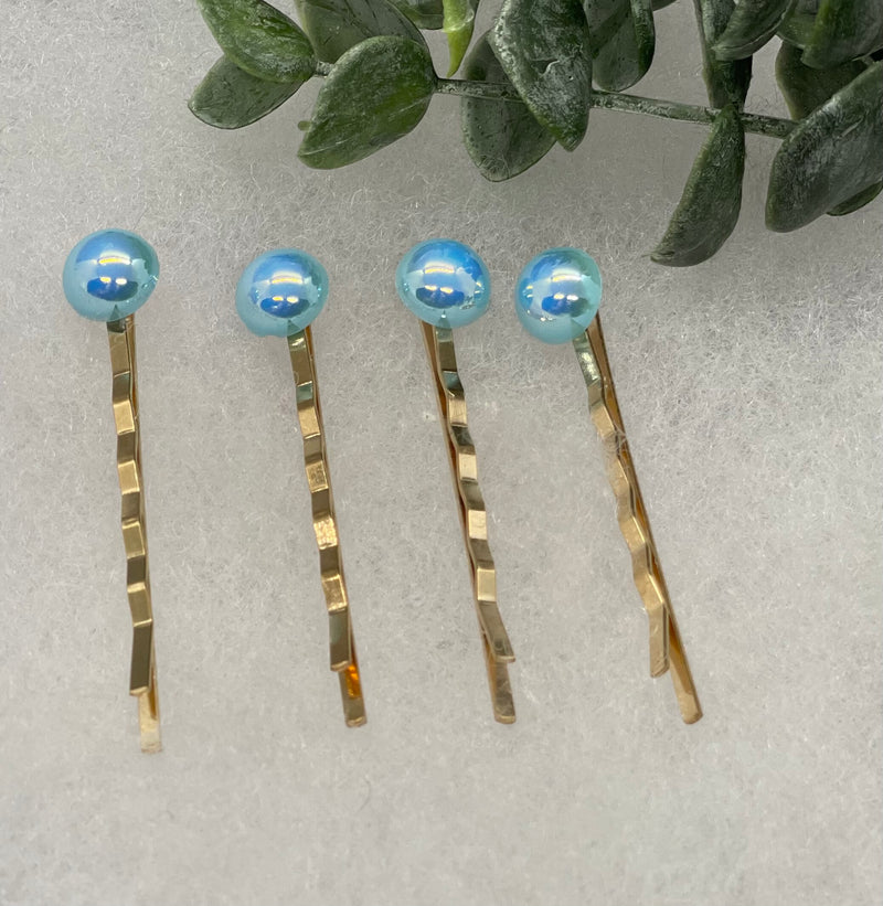 Baby Blue faux pearl 4 pc set Gold Antique vintage Style approximately 3.0” hair pin wedding engagement bride princess formal hair accessories