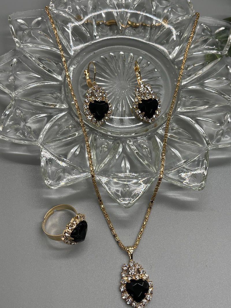 Black crystal rhinestone hearts 4 pc set gold necklace earrings ring set