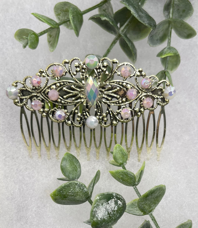 Baby pink iridescent pearl Vintage Style Crystal Rhinestone 3.5” antique tone Metal side Comb bridal accessories