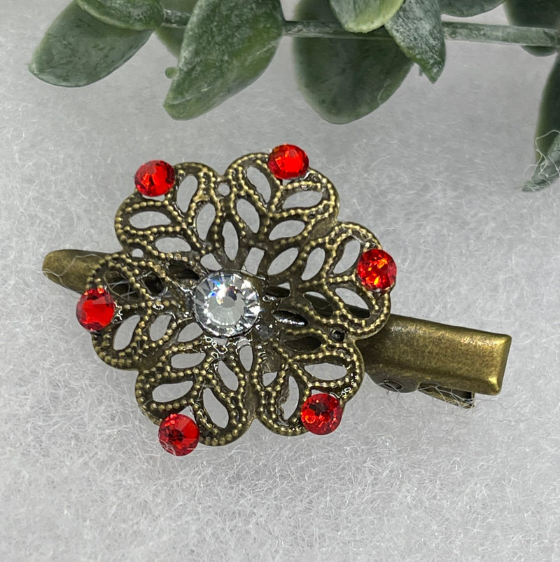 Red crystal rhinestone flower 2.0”alligator clip Antique vintage style bridal Wedding shower sweet 16 birthday princess bridesmaid hair accessory