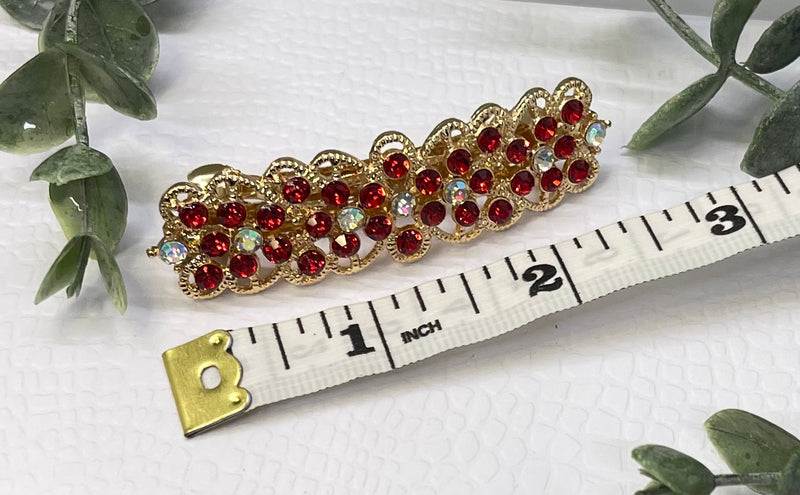 Red flowers Crystal rhinestone barrette approximately 3.0” gold tone formal hair accessories gift wedding bridesmaid