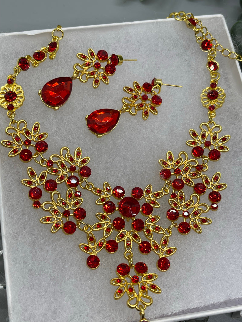 Red Gold rhinestone crystal necklace earrings set Rhinestone Jewelry Sets earring necklace wedding engagement formal party Prom sweet 16 sets