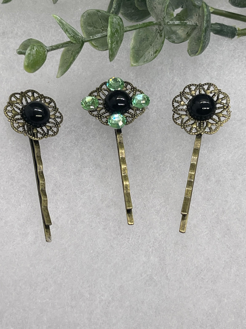 Black Green crystal faux pearl 3 pc set Antique vintage Style approximately 3.0” flower hair pin wedding