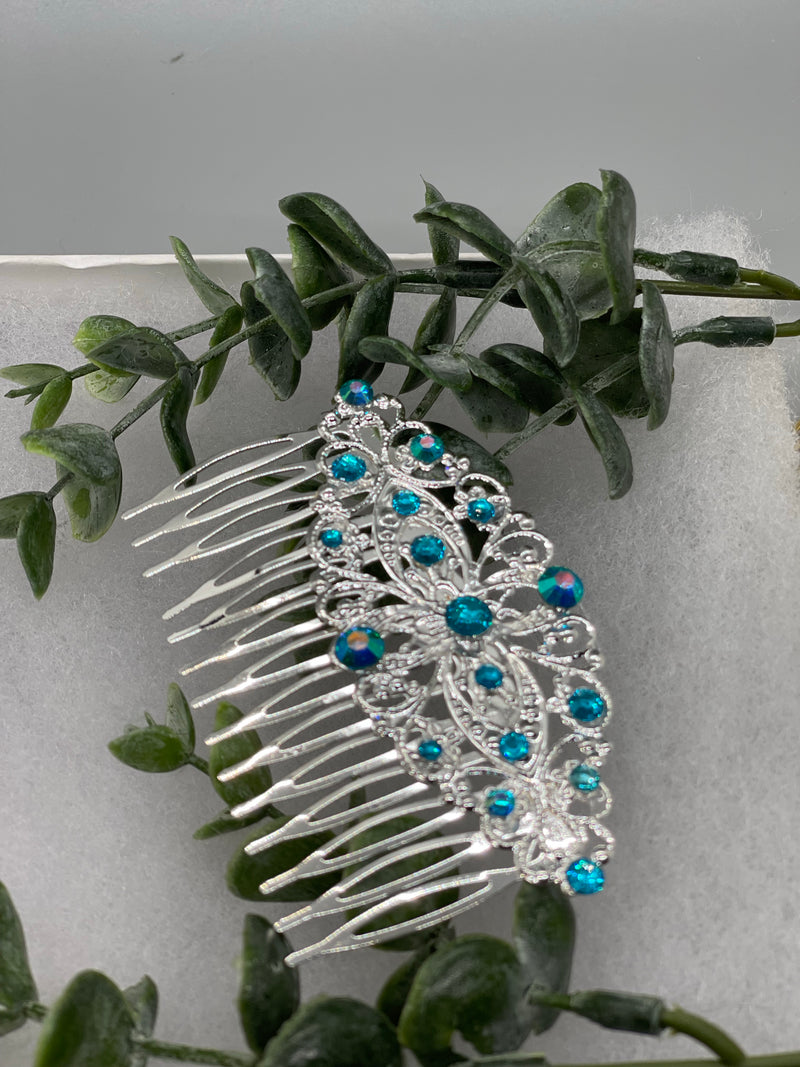 iridescent teal crystal vintage style silver tone side comb hair accessory accessories gift birthday event formal bridesmaid wedding